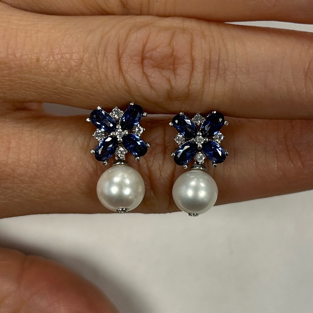 Suzy Levian Sterling Silver Blue Sapphire & Freshwater Pearl Earrings NWT